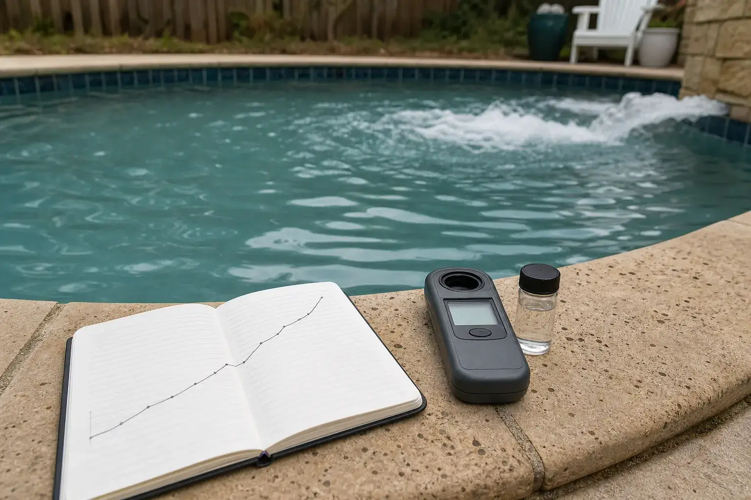 Carnet de relevés de pH ouvert près d’un photomètre et d’une piscine dont les buses agitent la surface